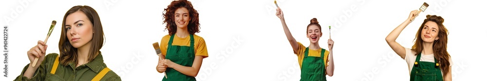 The photo shows a happy, positive, smiling, charming woman holding a paint brush on a yellow colored background. The photo shows a happy, positive, smiling, charming woman holding a paint brush on a yellow colored background.