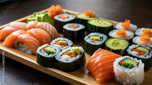 Assortment of Sushi Rolls with Salmon, Cucumber, and Avocado