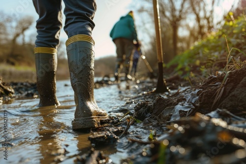 Volunteers in rubber boots cleaning a muddy riverbank