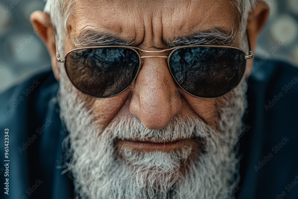 Close-up portrait of an elderly man with a strong white beard and sunglasses, exuding wisdom and a rugged, experienced look in an artistic style of commanding presence. Close-up portrait of an elderly man with a strong white beard and sunglasses, exuding wisdom and a rugged, experienced look in an artistic style of commanding presence.
