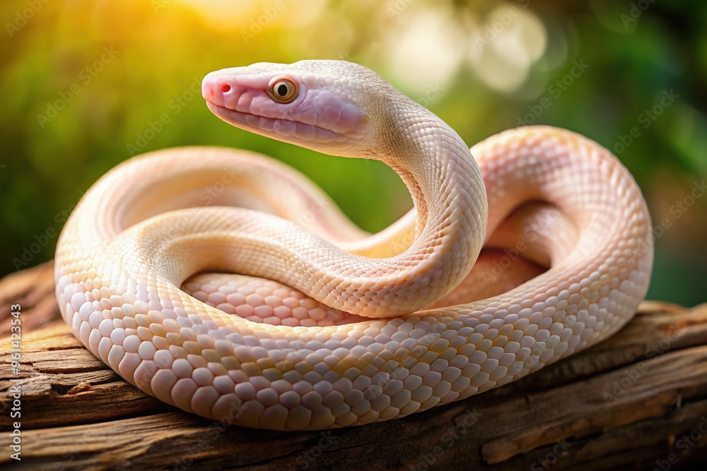 A rare and striking albino snake's pale pinkish-white scales glisten in warm light, its gentle curves and patterns exuding serenity and mystery. A rare and striking albino snake's pale pinkish-white scales glisten in warm light, its gentle curves and patterns exuding serenity and mystery.