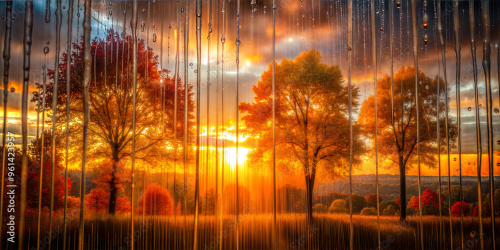 Naklejka premium Autumn landscape view through curtains with rain drops, sunset and vibrant trees