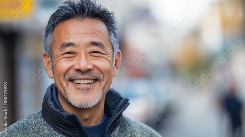 A mature man with gray hair, smiling warmly in an urban setting with a blurred background, reflecting an aura of happiness, experience, and approachable demeanor.