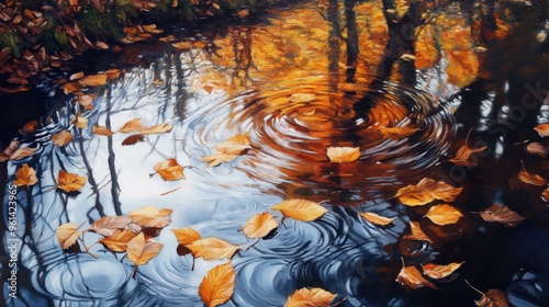 A detailed painting of a stream in autumn, with golden leaves floating on the water and trees reflecting in the calm surface.