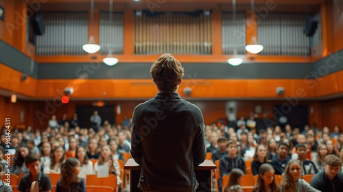 Wallpaper Mural A close-up of a speaker at a school assembly, addressing the audience from a podium, with a minimalist background and plenty of copy space for speaker information. Torontodigital.ca