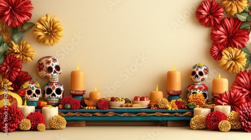 Day of the Dead Altar with Sugar Skulls and Flowers.