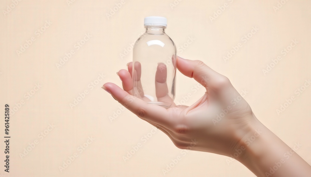 Hand holding a clear plastic bottle with a wide mouth, isolated on a soft-colored background Hand holding a clear plastic bottle with a wide mouth, isolated on a soft-colored background