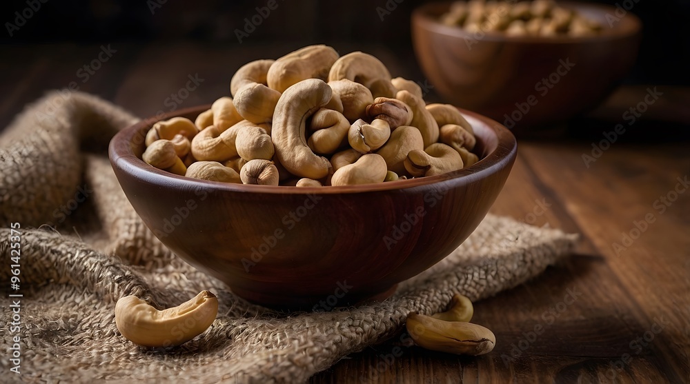 A Wooden Bowl Overflowing with Cashew Nuts A Wooden Bowl Overflowing with Cashew Nuts