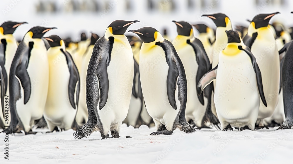Obraz premium A cluster of penguins huddled together atop a snow-laden ground, facing a building