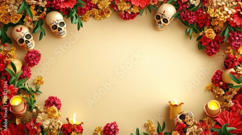Day of the Dead Floral Border with Skulls and Candles.