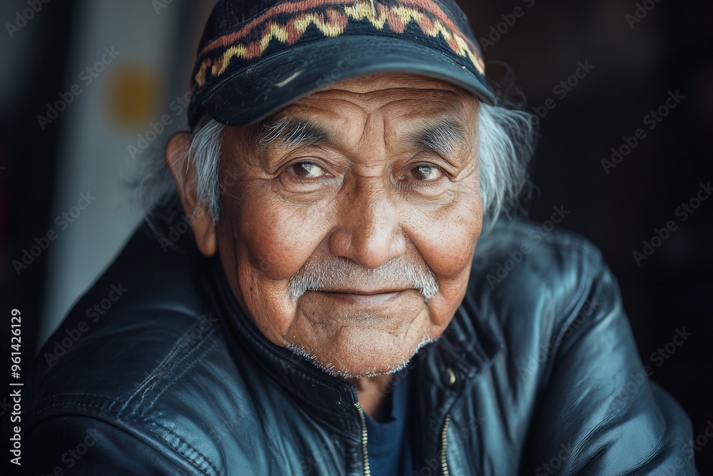 An elderly man wearing a patterned hat and black leather jacket smiles warmly, exuding warmth and kindness with his neatly styled hair and aged face. An elderly man wearing a patterned hat and black leather jacket smiles warmly, exuding warmth and kindness with his neatly styled hair and aged face.