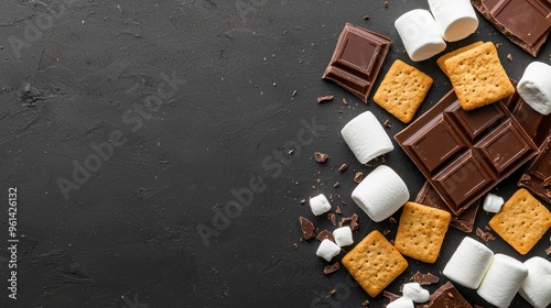 S mores Ingredients  Chocolate  Marshmallow  Graham Crackers on Black Background photo