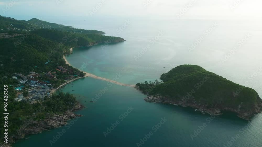 Aerial Panoramic view of Koh Nang Yuan beach Thailand's Top Travel Landscape resort village with Sunset Shiny skyline Aerial Panoramic view of Koh Nang Yuan beach Thailand's Top Travel Landscape resort village with Sunset Shiny skyline