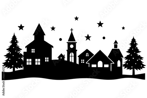 Christmas scene vector silhouette, christmas village clipart, merry christmas, christmas tree
