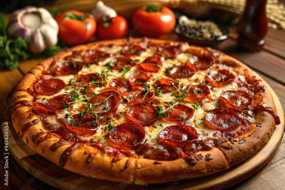 Delicious Pepperoni Pizza with Fresh Arugula Garnish on Wooden Table Delicious Pepperoni Pizza with Fresh Arugula Garnish on Wooden Table