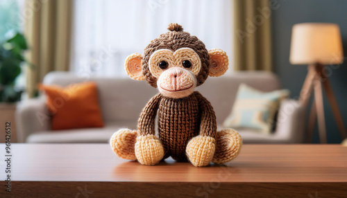 A cute crochet brown monkey toy, postcard,A monkey character made of yarn ,hobby or leisure concepy photo