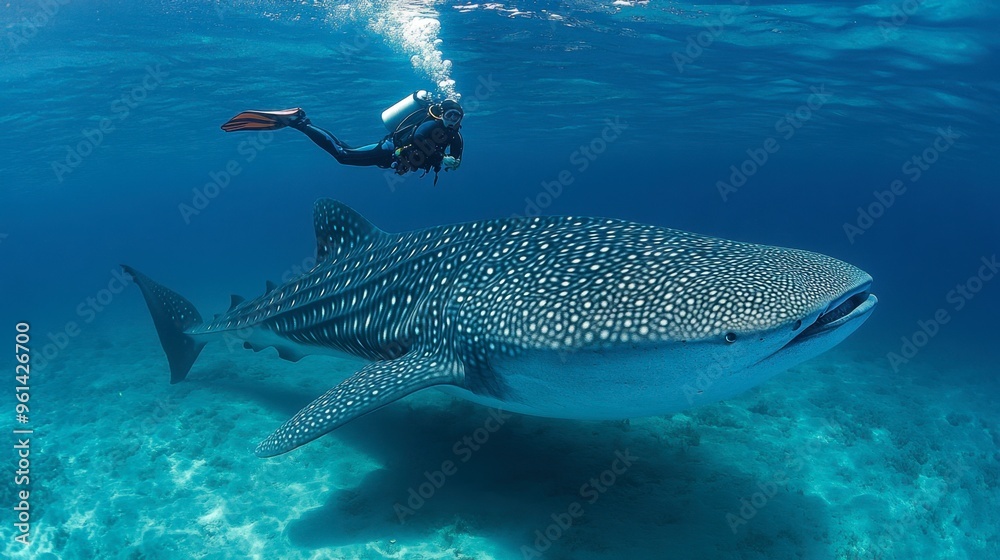 Fototapeta premium A diver swimming alongside a gentle whale shark, capturing the scale and majesty of the largest fish in the ocean.