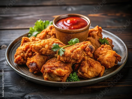 High-quality stock photo of a plate of crispy fried chicken drizzled with red sauce, placed on a sleek dark surface with elegant restaurant decor in the background