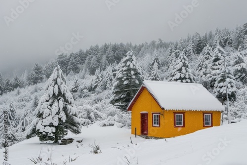 The Idyllic Scene of a Yellow Cabin Surrounded by Snow-Capped Peaks in a Tranquil Mountain Setting