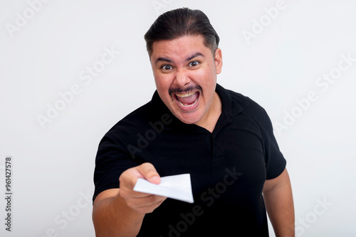 A middle-aged man forces someone to accept an envelope containing money. Shouting and giving an intimidating gaze, possibly giving a bribe or hush money. Isolated on a white background. photo