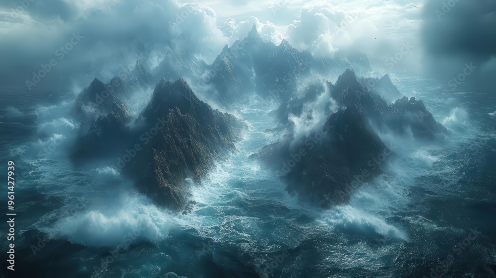 dramatic aerial view of jagged cliffs jutting into turbulent sea crashing waves creating misty spray vast ocean stretching to horizon under stormy sky dramatic aerial view of jagged cliffs jutting into turbulent sea crashing waves creating misty spray vast ocean stretching to horizon under stormy sky