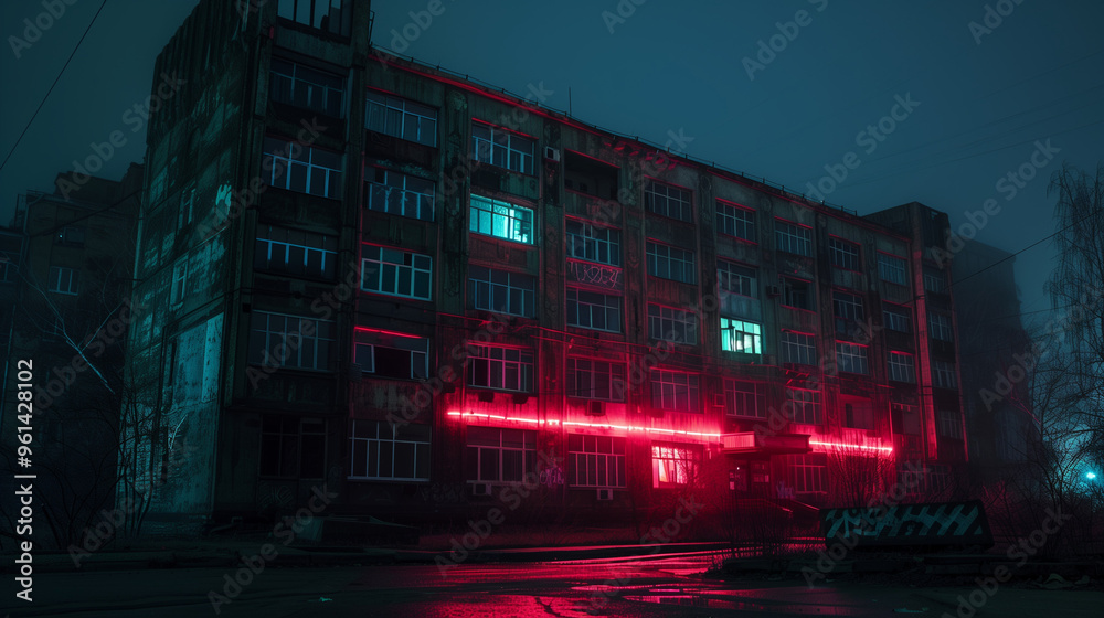 Moody nighttime urban scene of an abandoned building with eerie neon red lights and foggy surroundings Moody nighttime urban scene of an abandoned building with eerie neon red lights and foggy surroundings