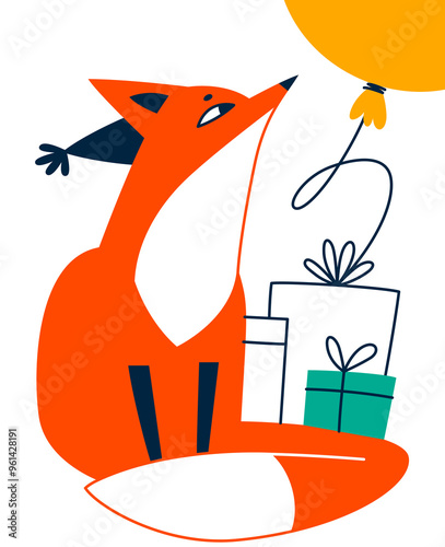 Birthday card with a fox. The fox sits with a gift and looks up at a balloon. Cartoon vector illustration for congratulations