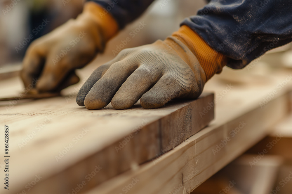 Closeup of Hands in Work Gloves Sanding Wood Closeup of Hands in Work Gloves Sanding Wood
