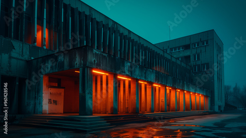 Moody urban scene of a decaying building lit by neon orange lights in a foggy dusk setting photo