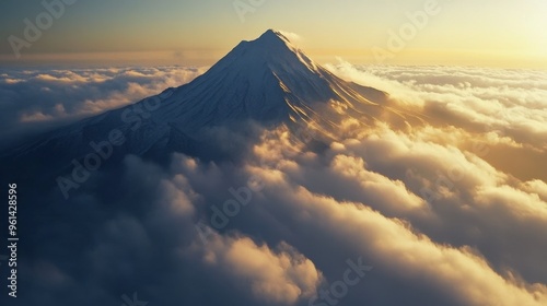 A dramatic aerial view of a snowy mountain peak emerging from clouds, with sunlight casting long shadows.