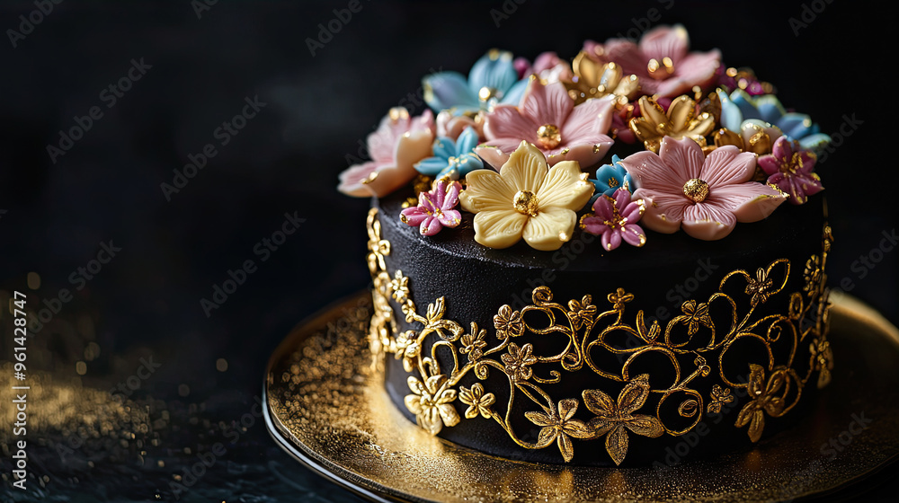 black cake, golden ornaments and flowers black cake, golden ornaments and flowers