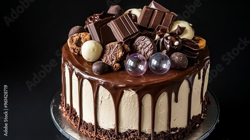 KitKat cake adorned with chocolates, cookies, and bubble chocolates over a black background. Rich brown cream cheese frosting trickles down the birthday cake as dark chocolate drips.  photo