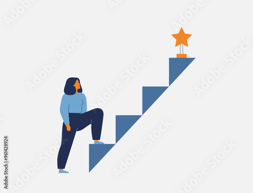 Personal and professional growth. Woman raising up the career ladder and scoring business goal. Concept of motivation for development, success and achievement. Vector illustration