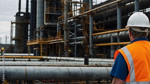 Worker in a Hard Hat Stands Before Industrial Piping photo