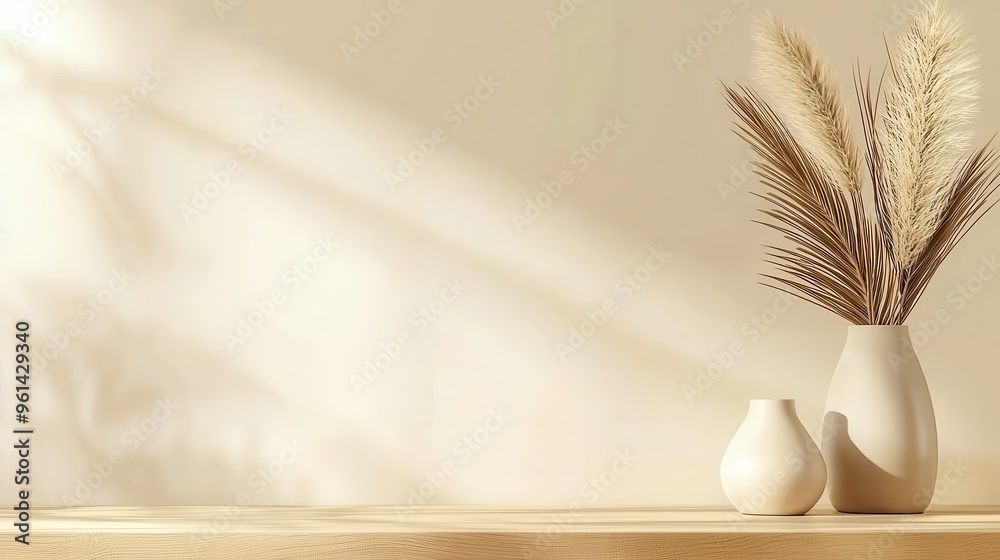 Beige Minimalist Interior with Pampas Grass and Vases on Wooden Table Beige Minimalist Interior with Pampas Grass and Vases on Wooden Table