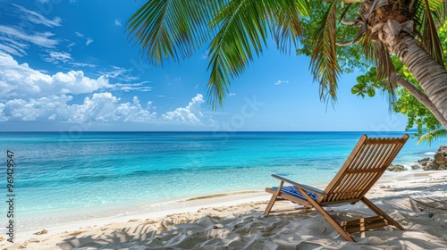 A vibrant scene of a tropical beach with clear blue water, palm trees, and a beach chair, featuring ample copy space for vacation details and messages.