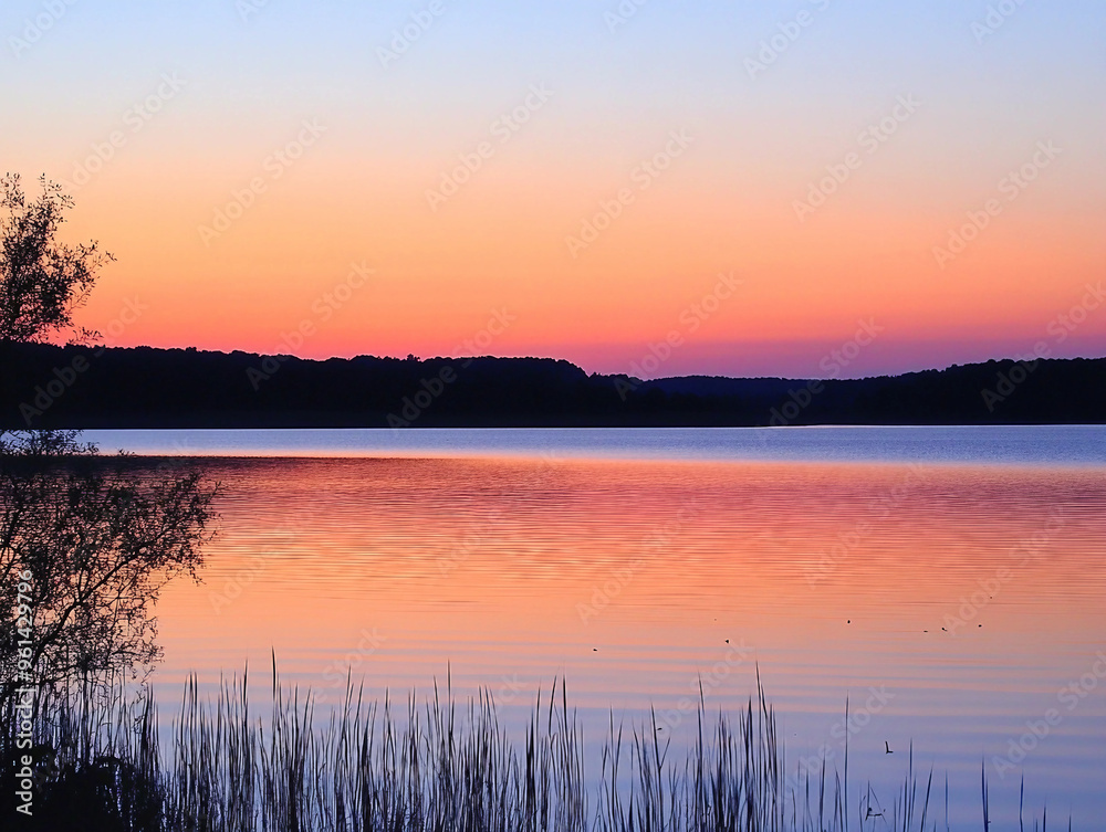 A beautiful sunset over a lake with a tree in the foreground. The sky is a mix of pink and orange hues, creating a serene and peaceful atmosphere. The water is calm and still A beautiful sunset over a lake with a tree in the foreground. The sky is a mix of pink and orange hues, creating a serene and peaceful atmosphere. The water is calm and still