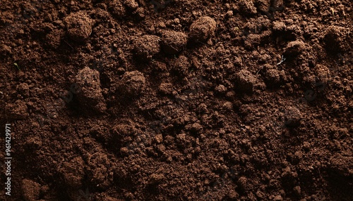 Fertile soil texture background seen from above, top view. Gardening or planting concept with copy space. Natural pattern
