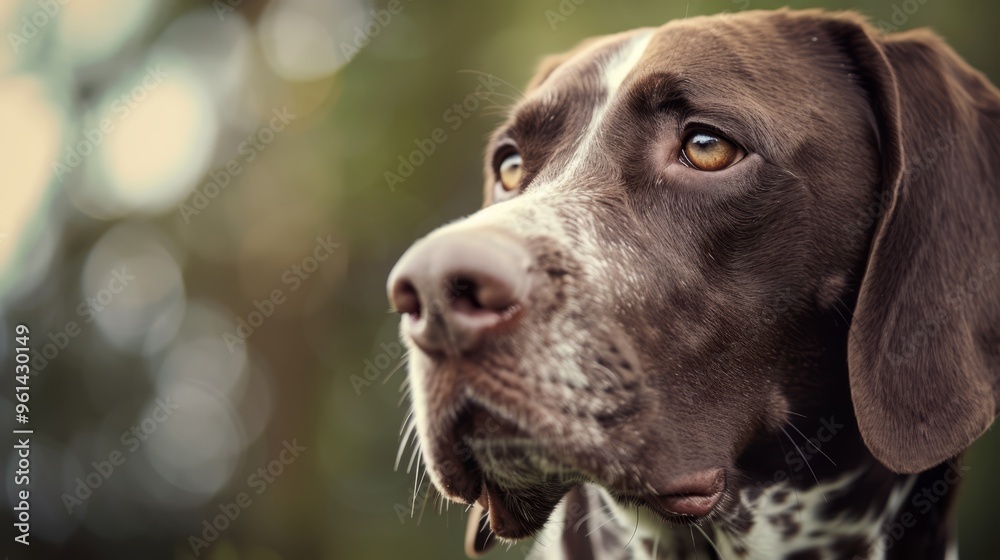 A tight shot of a brown dog featuring distinct spots on its face against a softly blurred backdrop of trees A tight shot of a brown dog featuring distinct spots on its face against a softly blurred backdrop of trees