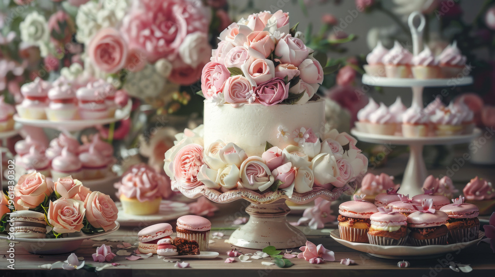 A beautifully arranged dessert display in a refined restaurant setting, featuring a floral garden cake surrounded by matching cupcakes and macarons.