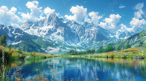 A picturesque mountain lake reflecting the snow-capped peaks under a bright blue sky.