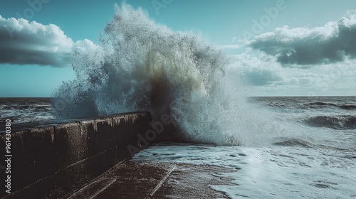 A dramatic wave crashing over a sea wall, with water cascading down and splashing high, capturing the sea's raw energy. photo