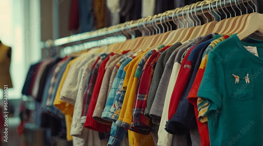 Colorful Clothing Hanging on Wooden Hangers in a Store Colorful Clothing Hanging on Wooden Hangers in a Store