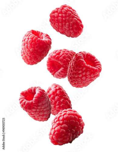 Red falling raspberry berries isolated on transparent
