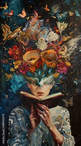 Surreal Woman Reading a Book with Flowers and Birds