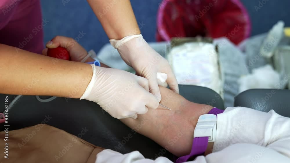 A thick needle is inserted into the donor's arm. The drip is attached to the hand for blood donation. Close up. A thick needle is inserted into the donor's arm. The drip is attached to the hand for blood donation. Close up.
