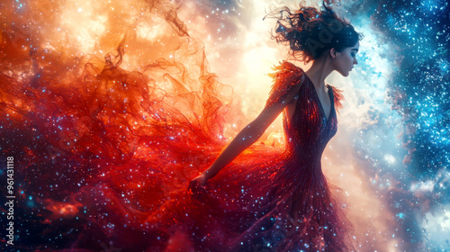 A captivating woman in a vibrant dress surrounded by a cosmic backdrop of colors, embodying beauty and mystery in space.