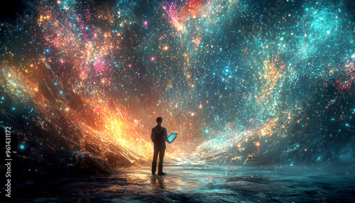 A figure gazes at a vibrant cosmic landscape filled with colorful stars and galaxies, exploring the wonders of the universe.