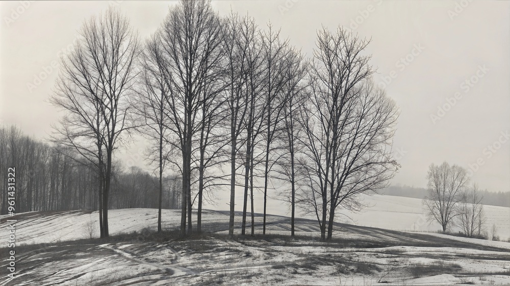 Winter Landscape with Bare Trees and Snow-Covered Fields in Black and White Winter Landscape with Bare Trees and Snow-Covered Fields in Black and White