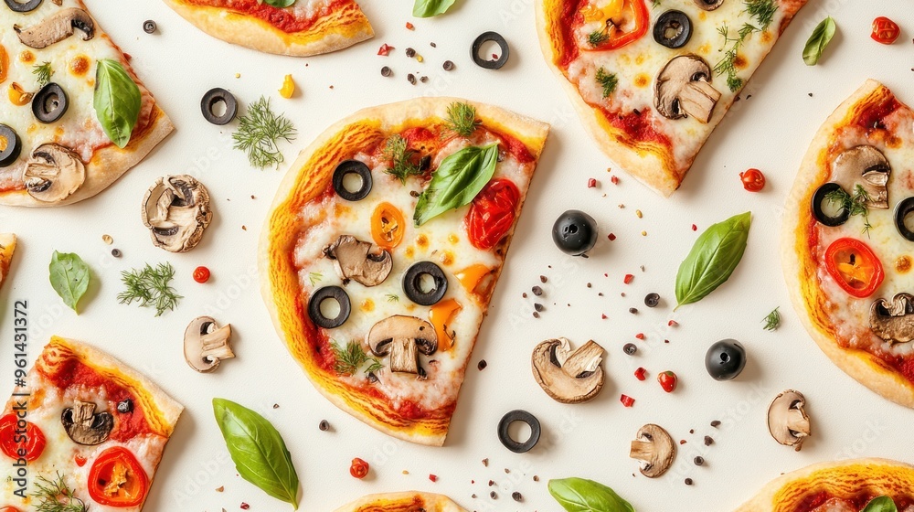 Pizza Slices with Mushrooms, Olives, and Basil Pizza Slices with Mushrooms, Olives, and Basil